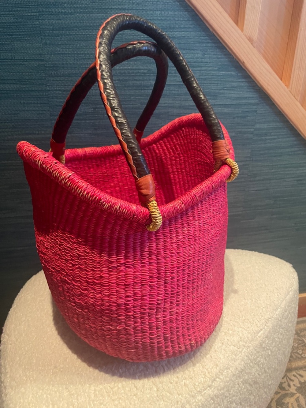 Handwoven Pink Market Tote Bag with Wrapped Leather Handles